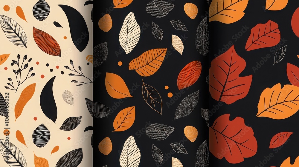 Poster elegant patterns featuring abstract leaf shapes in vibrant color palettes for modern design projects