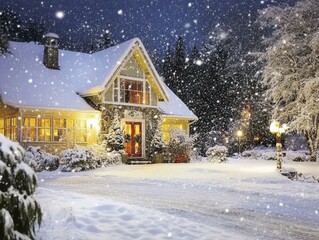 Fototapeta premium Snowy Winter Night with a Cozy House and Christmas Lights