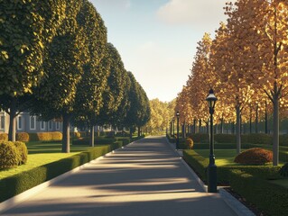 Obraz premium Autumnal Pathway: A Serene Walk Through Golden Trees