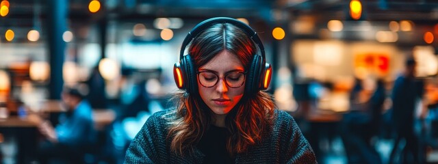 Finding Serenity in a Noisy World: A Man Finds Peace with Noise-Canceling Headphones.Concept of noise cancellation, focus, productivity, peace, and mindfulness in a chaotic environment.