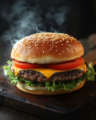 Steaming Cheeseburger with Lettuce and Tomato on Dark Wood Surface