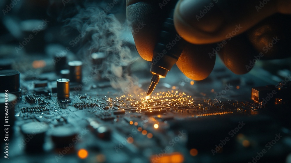Poster a close-up of a hand using a soldering iron to repair a circuit board with smoke rising from the sol