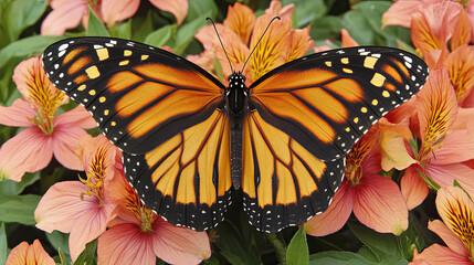 A Vibrant Monarch Butterfly Perched on Pink Flowers in a Lush Garden During a Sunny Afternoon