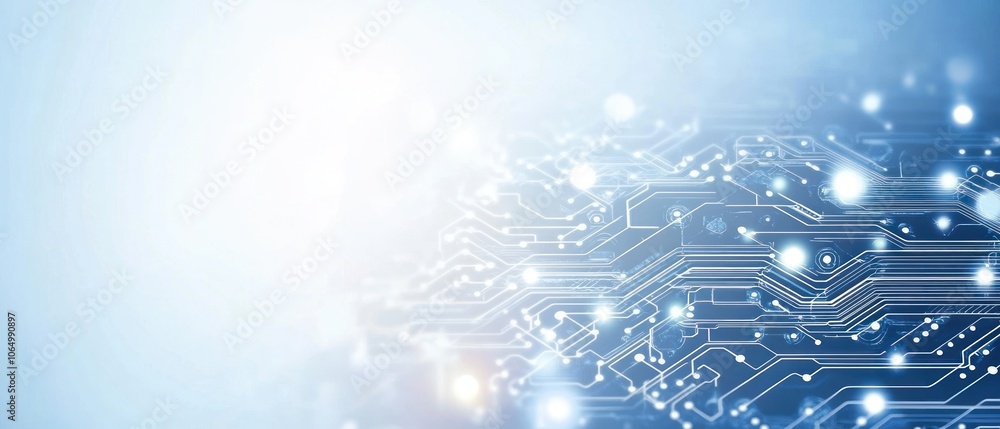 Poster a digital circuit board design with glowing elements, symbolizing technology and innovation.
