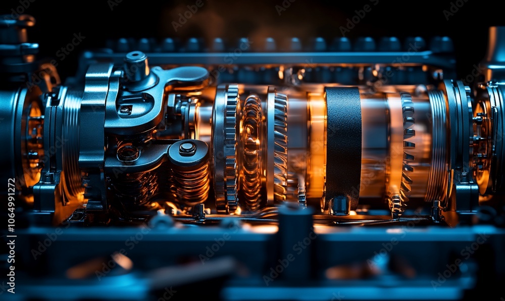 Poster A close-up of the inner workings of a car engine, with gears and other mechanical parts visible. The engine is illuminated by a warm glow, which makes the metal components appear shiny and polished.