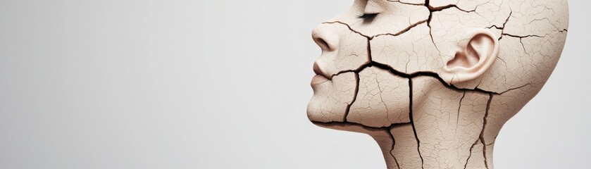 A cracked sculpture of a humanoid face, symbolizing fragility and the passage of time, set against a minimalistic background.