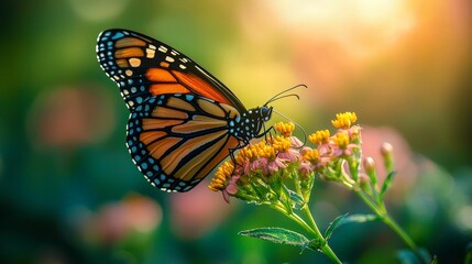 Obraz premium A vibrant monarch butterfly perched on colorful flowers, surrounded by soft, glowing light in a lush garden setting.