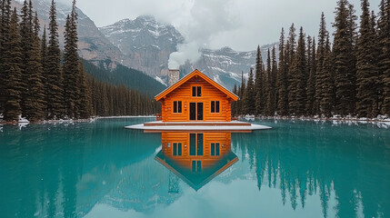 Obraz premium A Cozy Wooden Cabin Stands on a Small Island Surrounded by Turquoise Water and Towering Pine Trees in a Serene Mountain Landscape