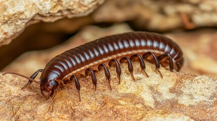 Fototapeta premium A close-up image of a brown millipede crawling over rocky terrain, showcasing its segmented body and distinctive legs.