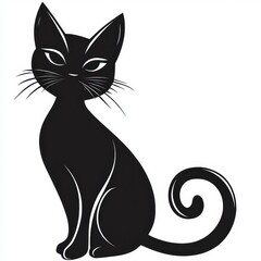 Minimalist line art illustration of a black cat silhouette with pointed ears and a curled tail, isolated on a white background.