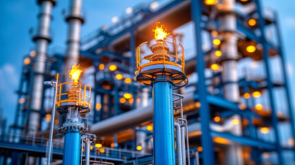 Industrial Gas Flares Burning Brightly at a Refinery During the Day, Showcasing Energy Production in a Bustling Setting