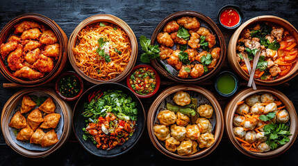 A Vibrant Spread of Assorted Asian Dishes Including Dumplings, Noodles, and Spicy Snacks Arranged on a Wooden Table at a Lively Restaurant