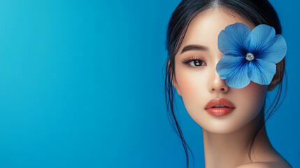 Beautiful young asian woman with flowers and petals on her face. Beauty parlor horizontal banner concept, copyspace Blue background.	
