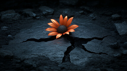 A Vibrant Sunflower Emerging From Cracked Soil in a Dark, Barren Landscape During Twilight