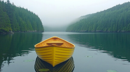 A Yellow Rowboat Calmly Floats on a Serene Lake Surrounded by Misty Green Forests in Early Morning Light