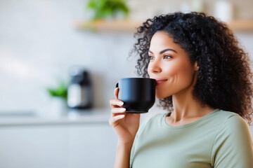 Portrait of a woman with curly hair enjoying a hot beverage from a black mug, with a relaxed and content expression in a modern kitchen..