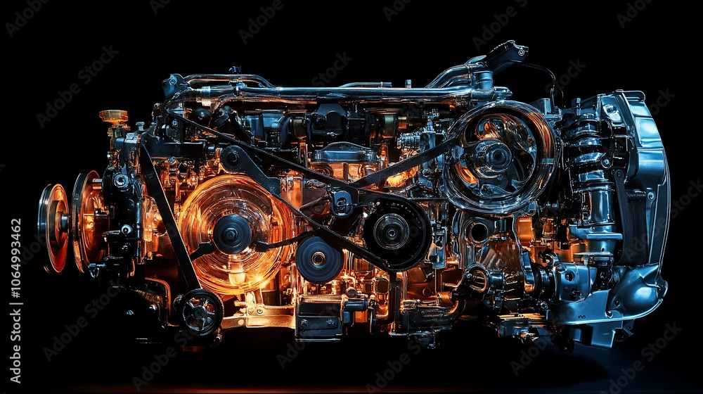 Fototapete A close-up shot of a shiny silver car engine isolated on a black background. The engine is lit from within with a warm orange glow.