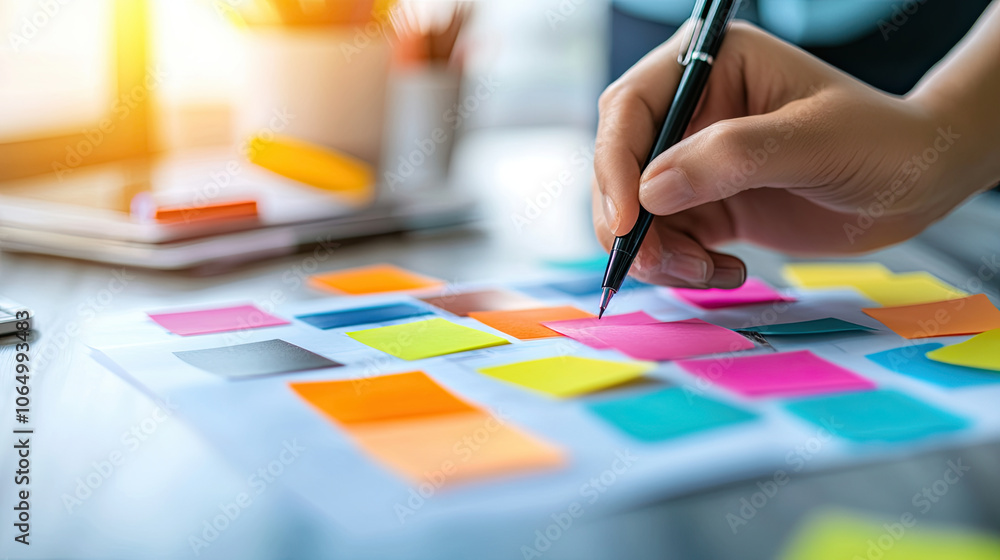 Poster hand writing on colorful sticky notes during brainstorming session, showcasing creativity and collab