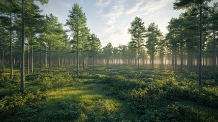 Sunlight Filtering Through Pine Forest