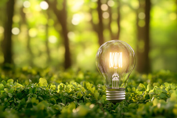 A glowing light bulb on a forest background. Natural energy and environment concept.