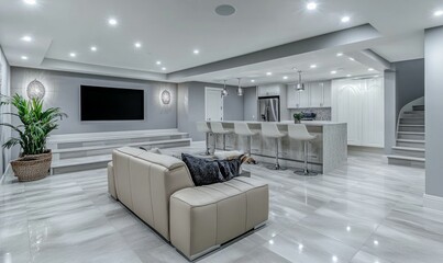 A contemporary finished basement showcases a cozy home theater area and a chic bar, designed with light grey vinyl flooring and stylish lighting fixtures for a welcoming atmosphere