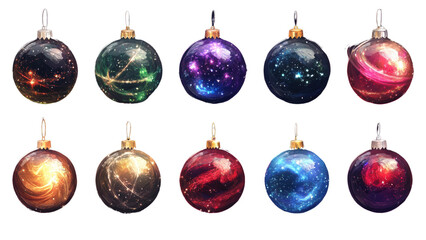 A collection of nebula Christmas balls arranged neatly on a transparent background png.