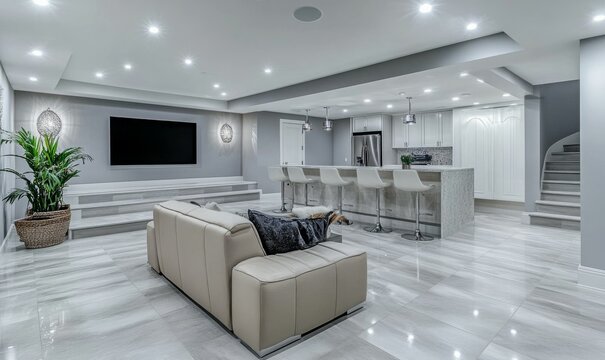 A contemporary finished basement showcases a cozy home theater area and a chic bar, designed with light grey vinyl flooring and stylish lighting fixtures for a welcoming atmosphere