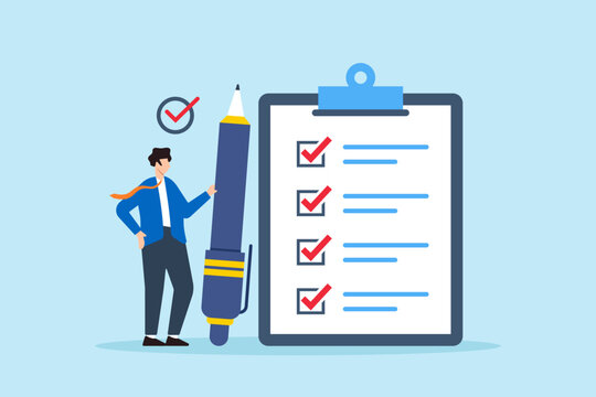 Flat illustration of manager hold pen complete task on business checklist clipboard