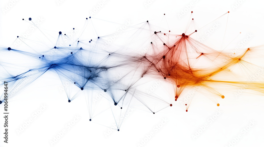 Poster artistic representation of network with blue, orange, and black connections, symbolizing data flow a