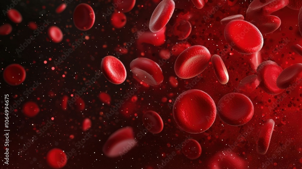 Poster the image depicts a dynamic representation of red blood cells floating in a dark environment, emphas