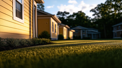 Low-angle view of suburban houses with yellow siding, neatly manicured lawn, and shrubs in the foreground, captured during sunset with soft, warm lighting.