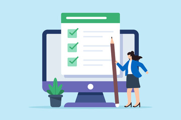 Flat illustration of woman employee hold pencil update business checklist on computer screen