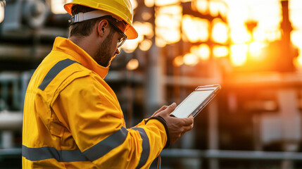 focused electrical engineer in bright yellow safety jacket uses tablet at sunset, showcasing dedication and professionalism in dynamic work environment