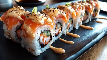 Delicious Sushi Rolls with Salmon Toppings