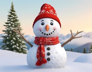 Obraz premium A cheerful snowman in red hat and scarf stands against backdrop of snow-covered mountains in winter