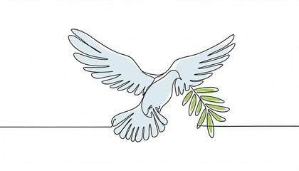 Obraz premium One continuous line drawing of dove of peace flying with green olive twig. Bird and branch symbol of peace and freedom in simple linear style. Pigeon icon. Doodle vector