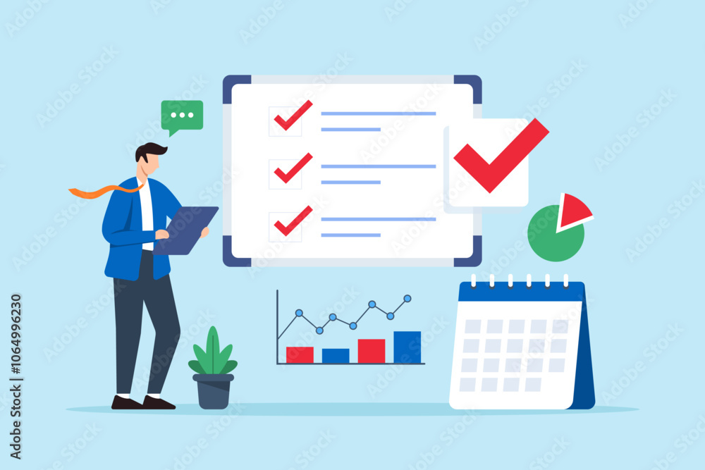 Poster flat illustration of marketing manager review business checklist on whiteboard with checkmark calend
