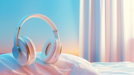 Relaxing ambiance with headphones on pillow in subtle light for calm music moments