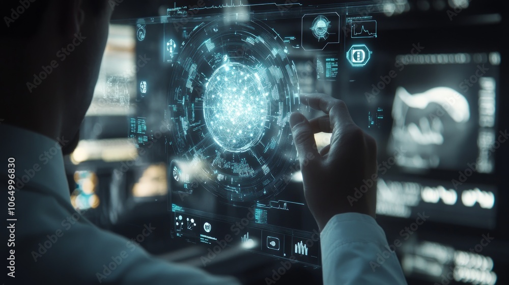 Poster a businessman interacts with a futuristic holographic interface, analyzing data and insights.