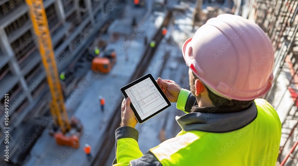 Poster A construction worker in a pink hardhat uses a tablet computer to oversee a large construction project.