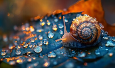 A detailed and focused close-up image of a snail shell resting on a leaf covered in morning dew droplets