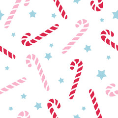 Candy cane pattern with stars on a white background. Christmas holiday seamless design. Design for wallpaper, textile, wrapping paper, and greeting card.