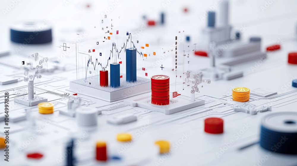 Poster visual representation of portfolio optimization with graphs, charts, and data analysis elements. thi