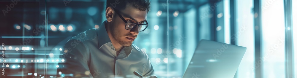 Aufkleber a professional man in glasses is focused on tasks on a computer in a modern office, with reflections