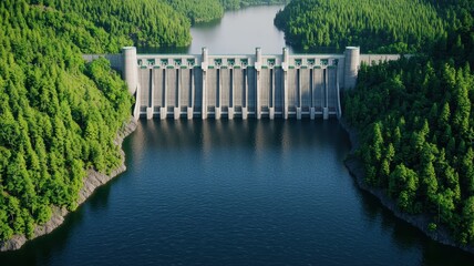 Aerial view of a dam surrounded by lush green forests and a calm river, showcasing engineering amidst nature.