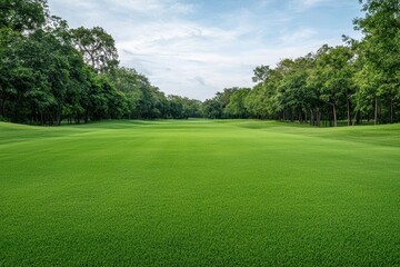 Obraz premium A lush green landscape showcases a serene, open field surrounded by trees under a clear sky, perfect for outdoor activities and relaxation.