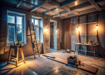 Fototapeta premium Renovation of Apartment Interior with Low Light Photography Showcasing Gypsum Plasterboard and Drywall Construction in Progress with Tools and Materials Spread Across the Room