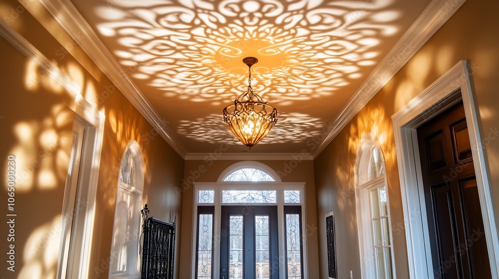 Poster A decorative chandelier casts a patterned shadow on the ceiling of a foyer, creating an elegant and inviting ambiance.