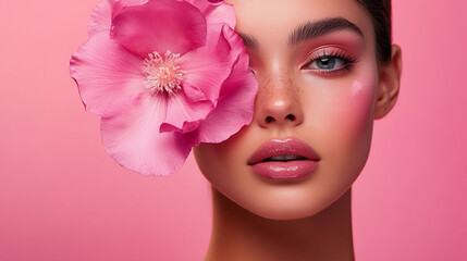 Fototapeta premium Beautiful young woman with flowers and petals on her face. Beauty parlor horizontal banner concept, copyspace Pink background. 