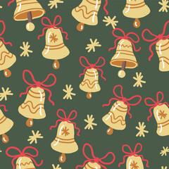 Golden Christmas Bells with Red Ribbons Seamless Pattern. Hand Drawn Christmas decoration on green background.